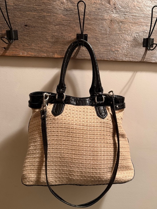 Cole Haan Handbags - Cole Haan Beige Woven Tote with Black Faux-Croc Trim EUC